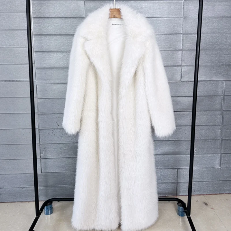女性用のふわふわのフェイクファーコート,冬用ジャケット,超ロング,ホワイト,ラペル,厚手のアウター,130cm