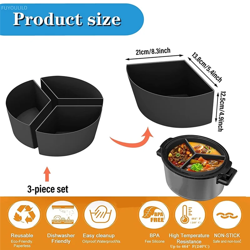 Revestimientos para olla de cocción lenta, divisor de olla de cocción lenta de silicona 3 en 1 apto para divisor de ollas ovalado y redondo de 6 cuartos (negro)
