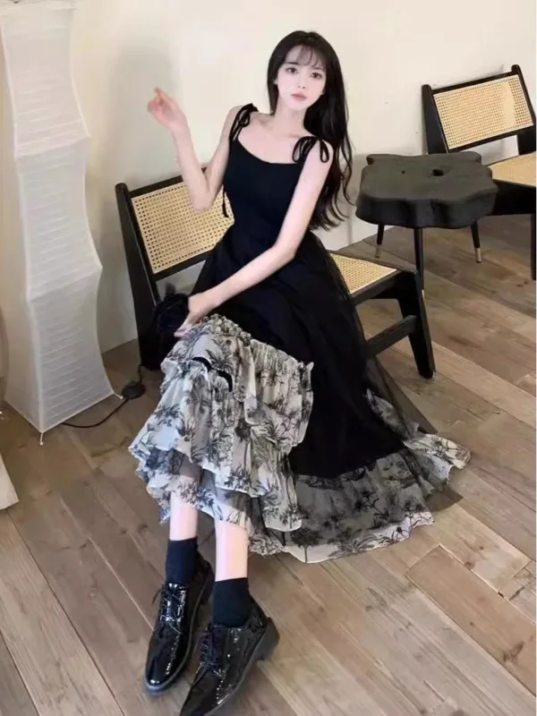 Fashionable stylish summer black lace up floral sleeveless suspender U-neck dress 2024 new French new Chinese long dress HDCB