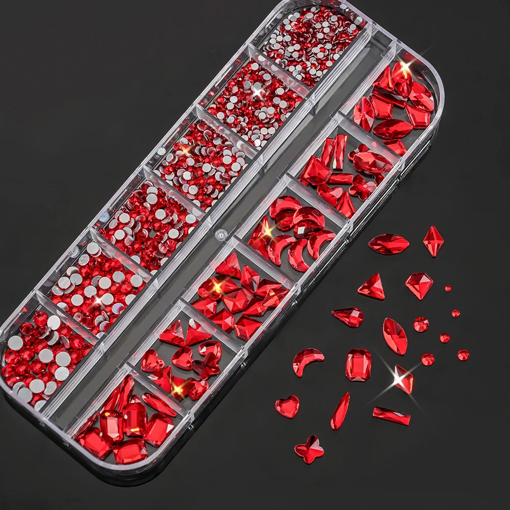 12 griglie 3D rosso forma casuale nail art strass vetro scintillante flatback diamante nail art decorazioni artigianato fai da te manicure gemme