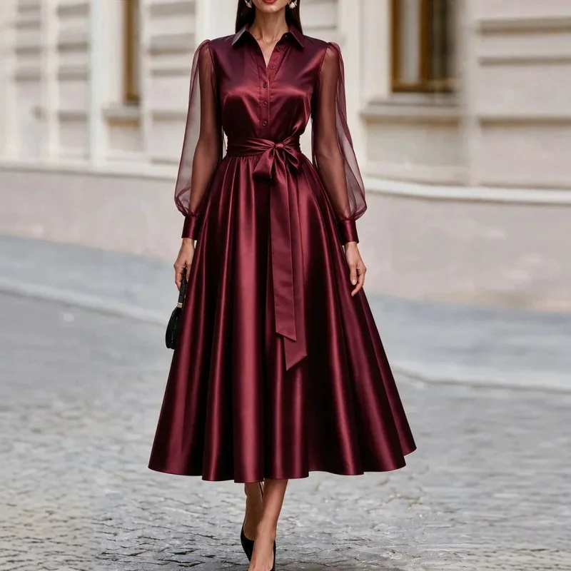 Early Autumn Temperament Solid A-Line Dress Fashion Lapel High Waist Banquet Evening Dress Casual Mesh Long Sleeved Splice Dress