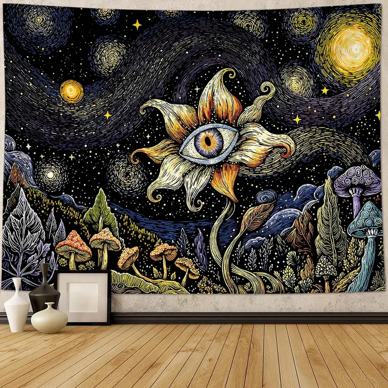 VIKAMA Starry Night Eye Flower Tapestry Van Gogh Mushroom Forest Black Background Wall Hanging Psychedelic Wall Art Decor