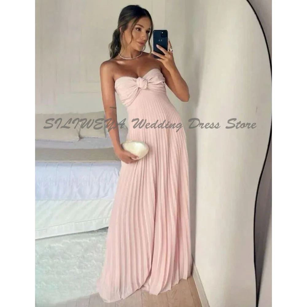 

Pink Banqueting Prom Party Dresses Women Strapless Sleeveless A Line Backless Celebrity Sweep Train Bowknot Wrinkle Elegant