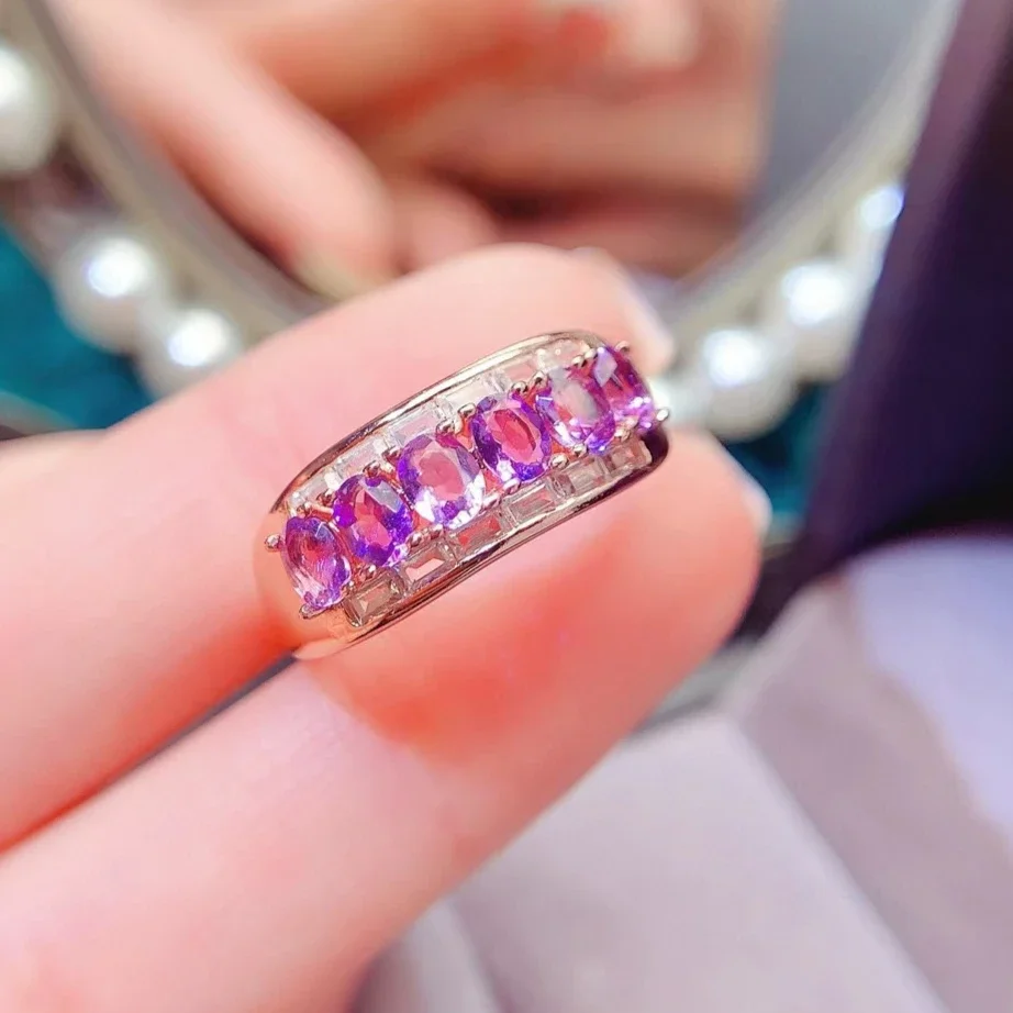 Solid 925 Silver Amethyst Ring 3mm*4mm Natural Amethyst Jewelry 18K Gold Plated Crystal Silver Jewelry for Women