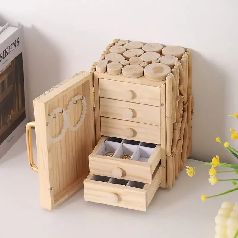 Caja de Joyería de Madera Sólida Estilo Rústico, Caja de Almacenamiento para Anillos, Collares y Accesorios, para Organizar la Colección de Joyas de Princesa