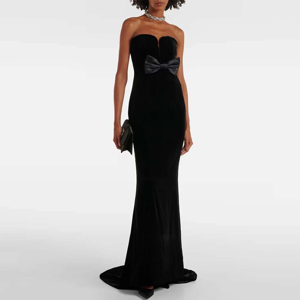 

Sexy Evening Dresses Velour Mermaid/Trumpet Clubbing Dress Black Strapless Bow Sweep Train Saudi Valentine's Day Gown Long