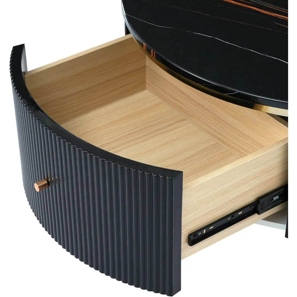 Modern Black and Gold Round Coffee Table with Drawers, Drum Style Marble Top Center Table with Golden Legs