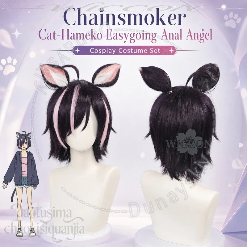 Peluca de cosplay de Hameko de Anime Chainsmoker, estilo Anal Angel, de pelo sintético negro corto con reflejos rosas, con orejas de gato peludas
