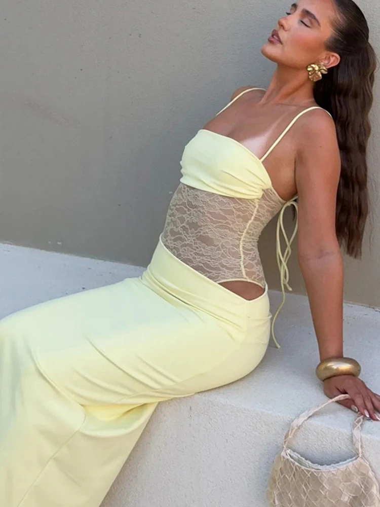 Robe longue en dentelle à bretelles, élégante et Sexy, taille unie, transparente, Slim, robes de soirée, vêtements pour invités de mariage, robe noire, nouvelle collection