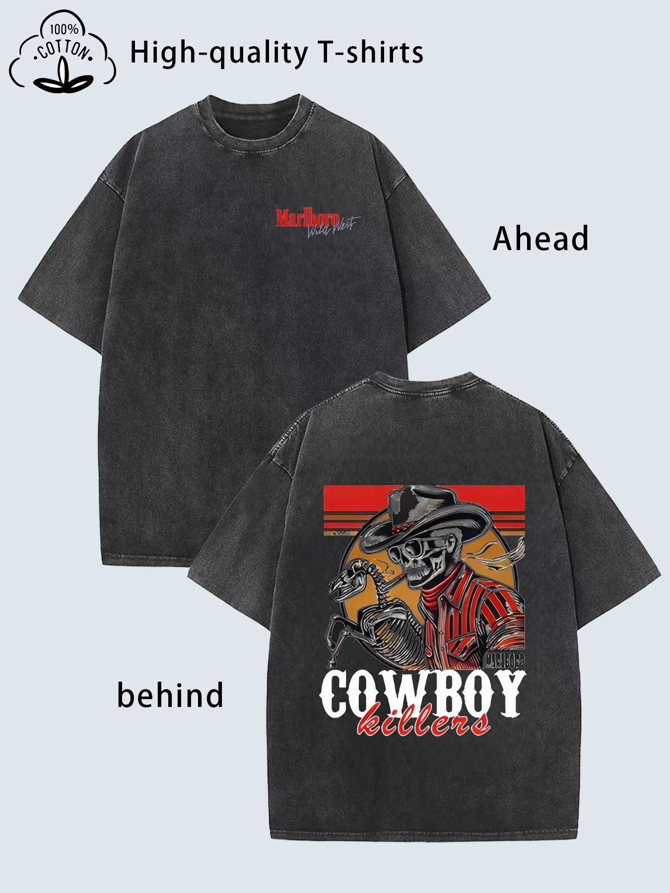 

Cowboy Killer, become an excellent cowboy, classic retro fashion casual skeleton dinosaur pattern printed washed cotton men's T-