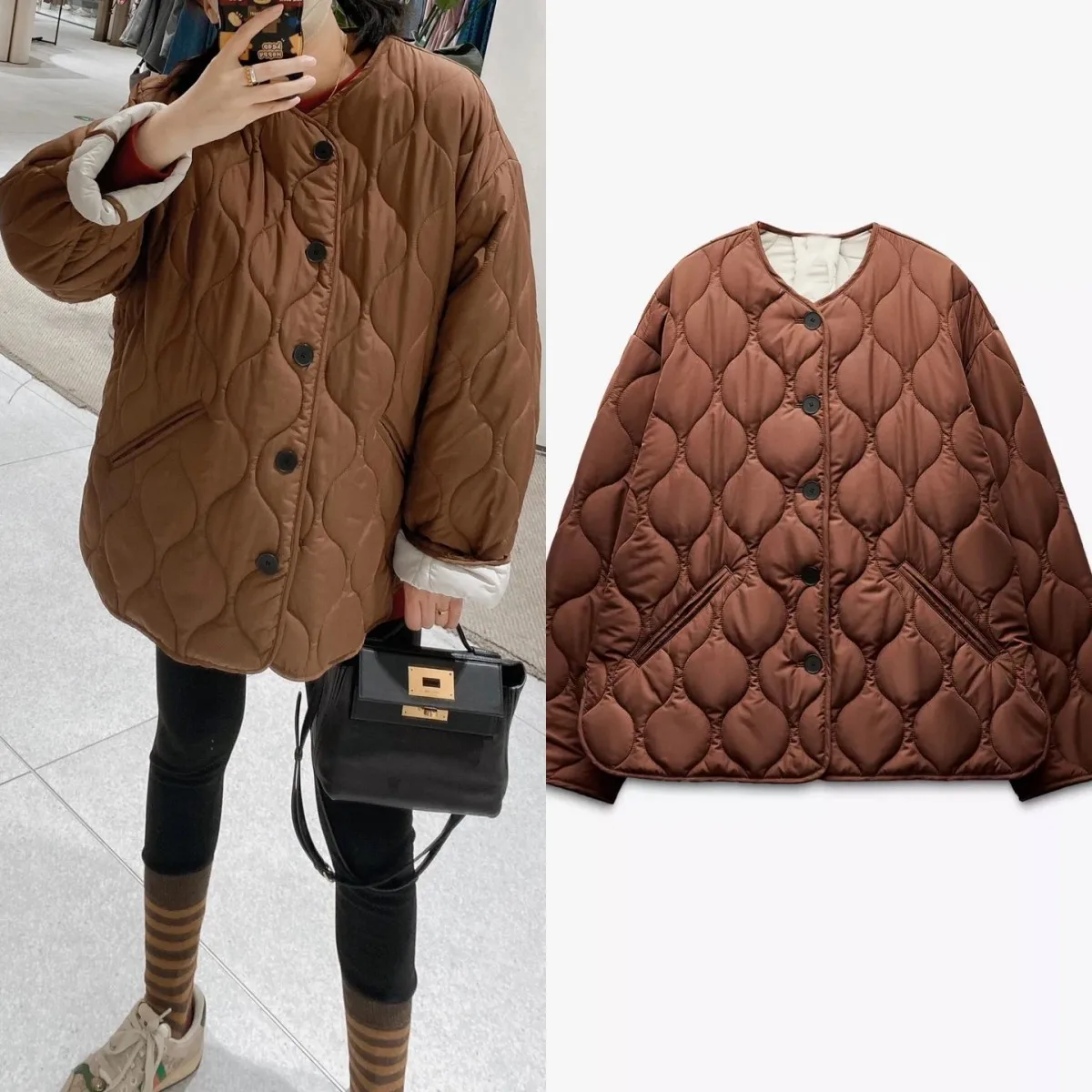 ETJ 2025  women's Autumn/winter new Maillard brown light quilted diamond jacket loose version of the round neck coat