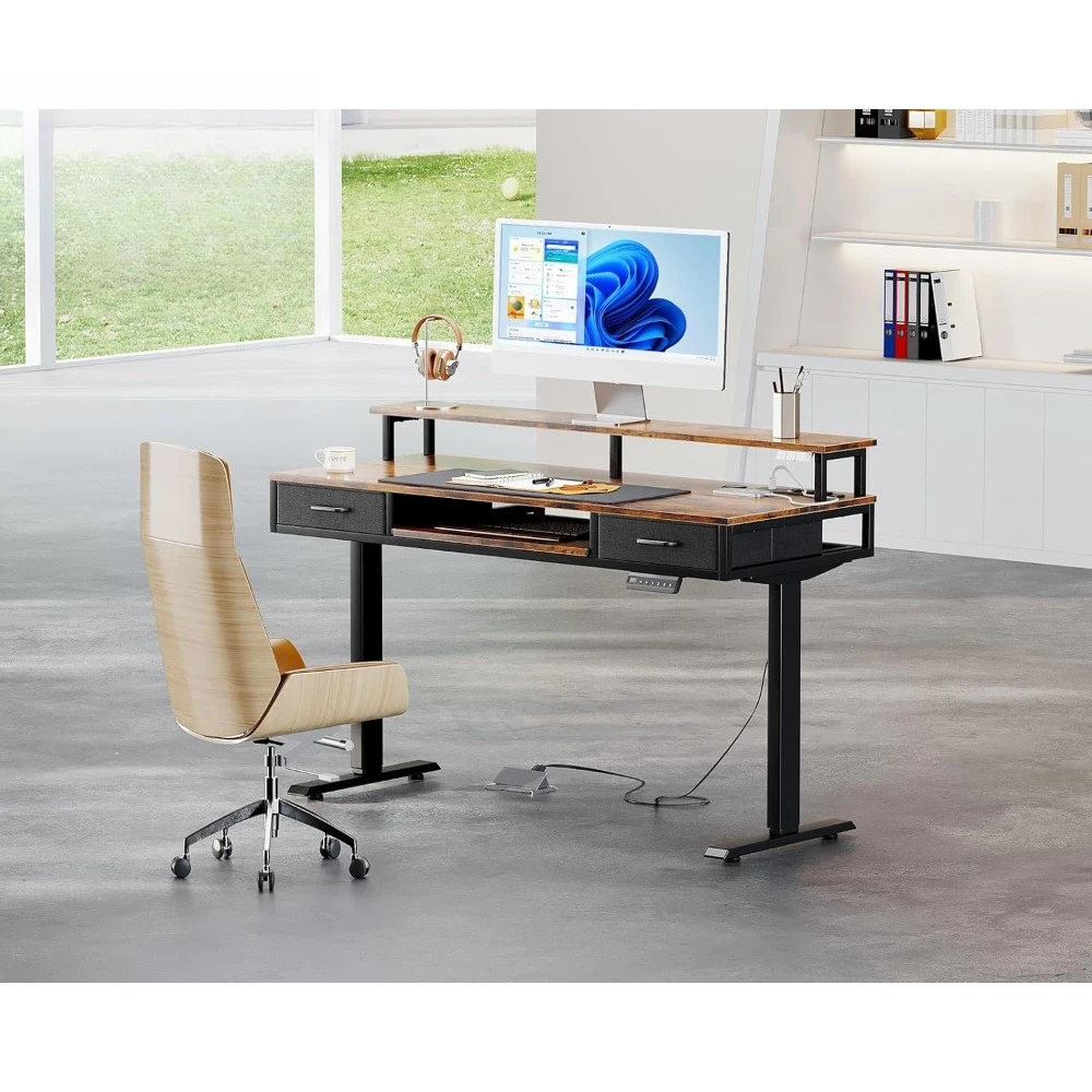 Electric Standing Desk with Drawers & Keyboard Tray, 55 Inch Height Adjustable Desk with Power Outlets & LED Lights for Office