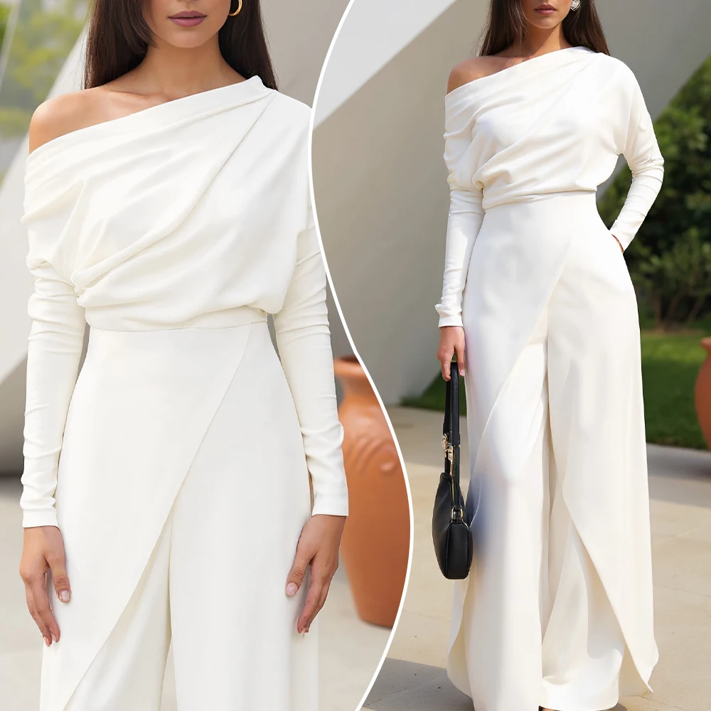 

Women's One-Shoulder Jumpsuits 2025 Mature Chic Solid Long Sleeve Design Asymmetric Neckline Wide Leg Full Length Jumpsuits
