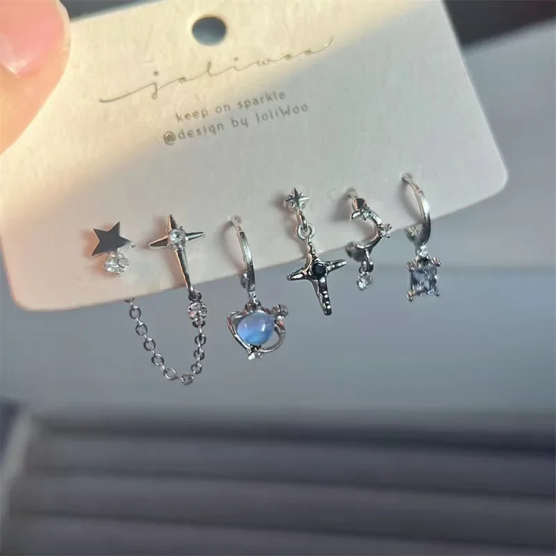 6Pcs/Set Fashion Blue Crystal Star Star Drop Earrings Set for Women Exquisite Zircon Star Chain Earring Y2K Jewelry Gift Brincos