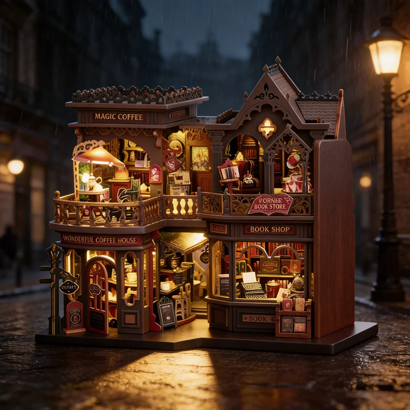 Vintage Coffee Bookstore DIY Dollhouse Kit Wooden with LED Light Retro European Style Gift for Book Lovers Home Decor