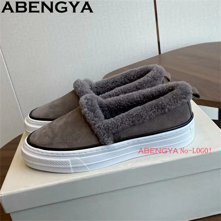 

Women's Suede Fur Loafer Shoes 2026 Winter Casual Women Wool inside Stitching Adult Flats Loafers Best Design Warm Loafer Shoes