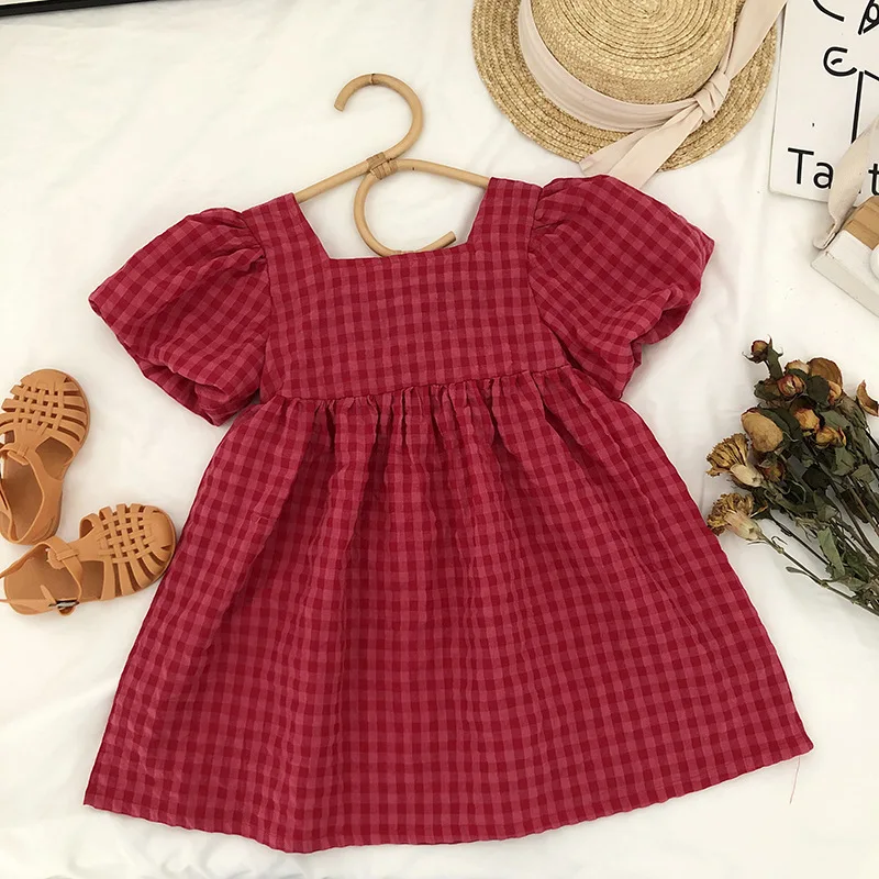 Bear Leader Summer Red Plaid Bow Dresses Elegant Lolita Child Baby Girl Midi Dress Children Dresses Girl Party Princess Sundress