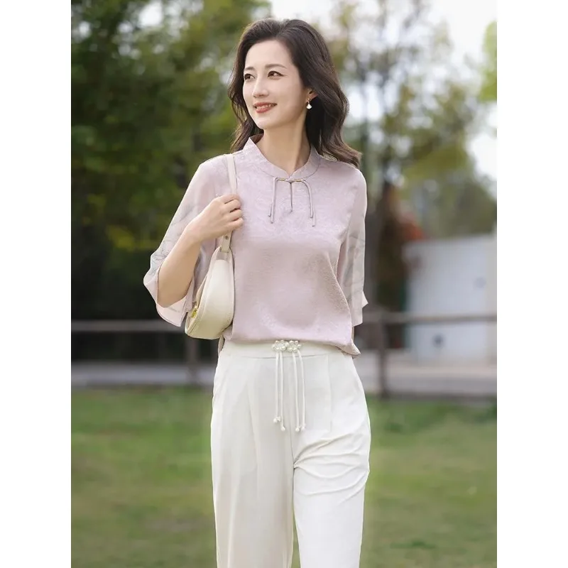 

Женская блузка в китайском ретро-стиле с воротником-стойкой, на пуговицах, с коротким рукавом, свободного кроя, больших размеров, элегантная повседневная