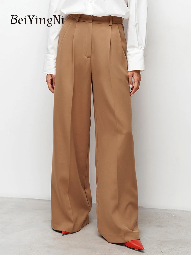 

Beiyingni 2025 New in Women's Suit Pants High Street Black Khaki Loose Female Trousers Solid Color Elegant High Waist Pantalones