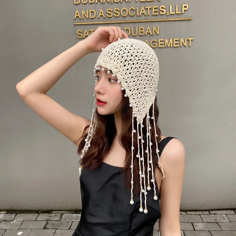 

Women Princess Hat Fashion Hollow Retro Literary Head Cap Cover White/black Hair Ethnic Wind Handmade Knitted Hat Tassel Pearl