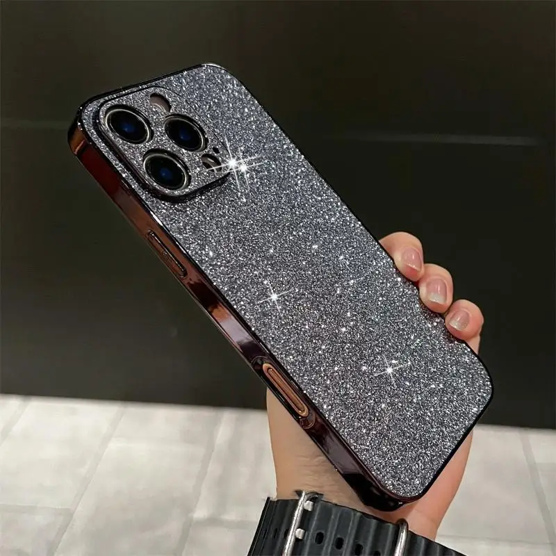 حافظة هاتف لامعة مطلية بالكهرباء لهاتف آيفون 15 بلس 16 14 13 12 برو ماكس غطاء خلفي لامع مقاوم للصدمات