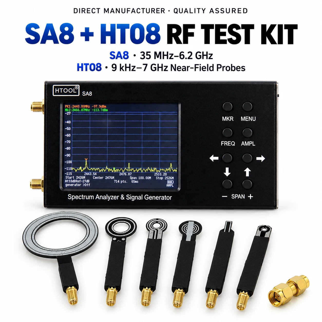 Portable Spectrum Analyzer 35MHz-6.2GHz with Signal Generator HT08 9kHz-7GHz EMI EMC Near Field Probe Kit HTOOL SA8