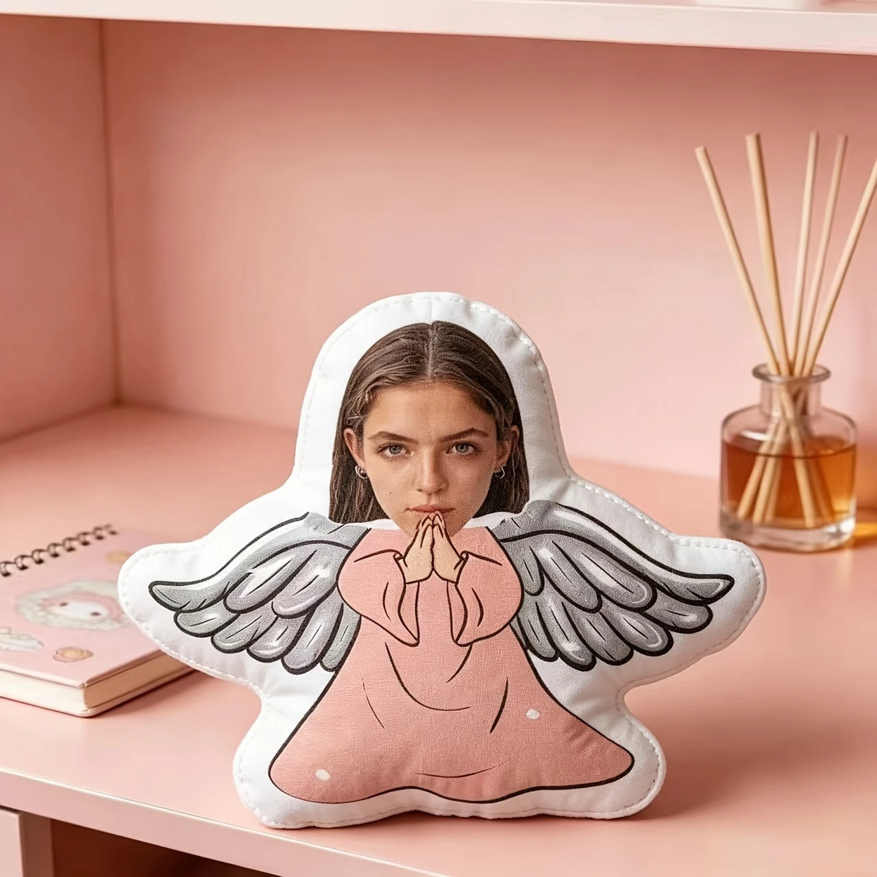 1pc - Customized Throw Pillow, Angel Portrait Cushion with Pink Dress and Retro Wings. Upload Your Photo to Customize Face. Eleg