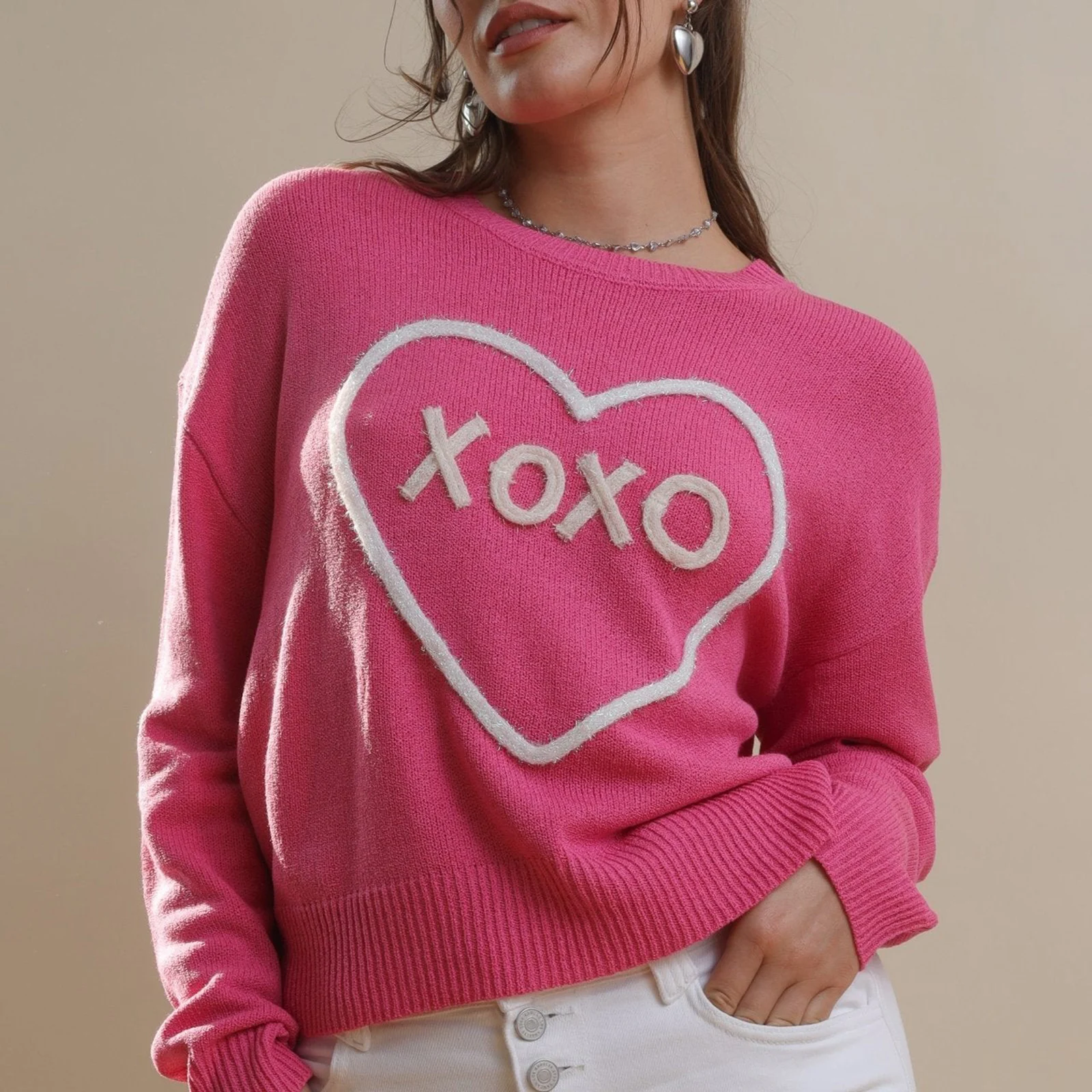 

Women's Valentine's Day Loose Knitwear Sweater Tops Y2K Long Sleeve Ribbed Round Neck Heart Letter Embroidery Pullover Jumpers