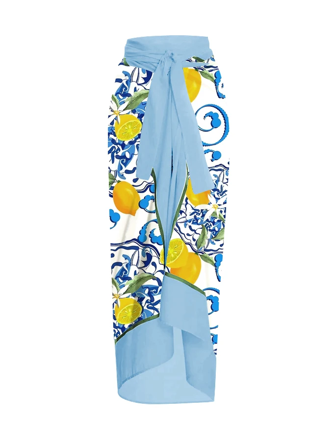 In 2024 The New Female Blue Printing Design Tight Fresh Lemon Fruit Mediterranean Bind One-piece Swimming Suit And Cover  Up