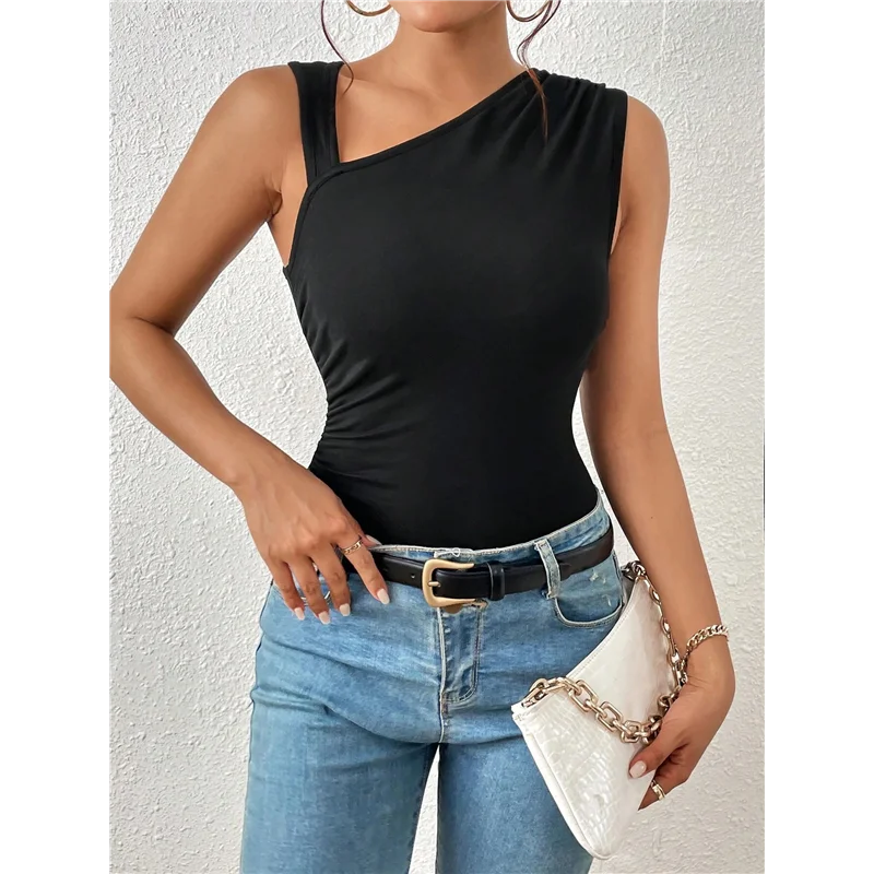

Womens 2025 Summer Y2K Tops Sleeveless One Shoulder Slim Fit Shirts Ruched Knit Asymmetrical Top Blouse