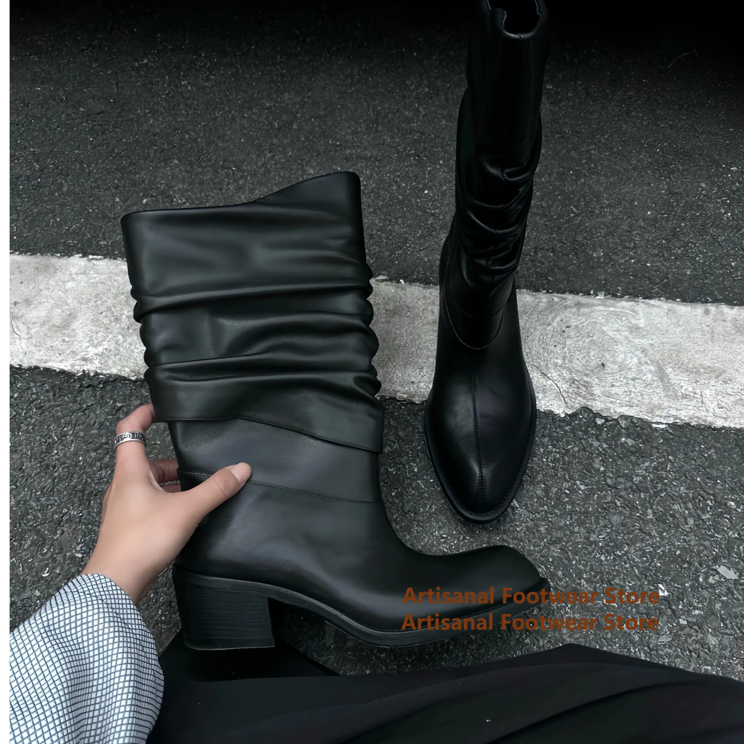 Black Soft Leather Ruched Mid Calf Boots for Men Pointed Toe Wrinkled Low Heel Calf Boots Trendy Luxury Handmade Men's Boots