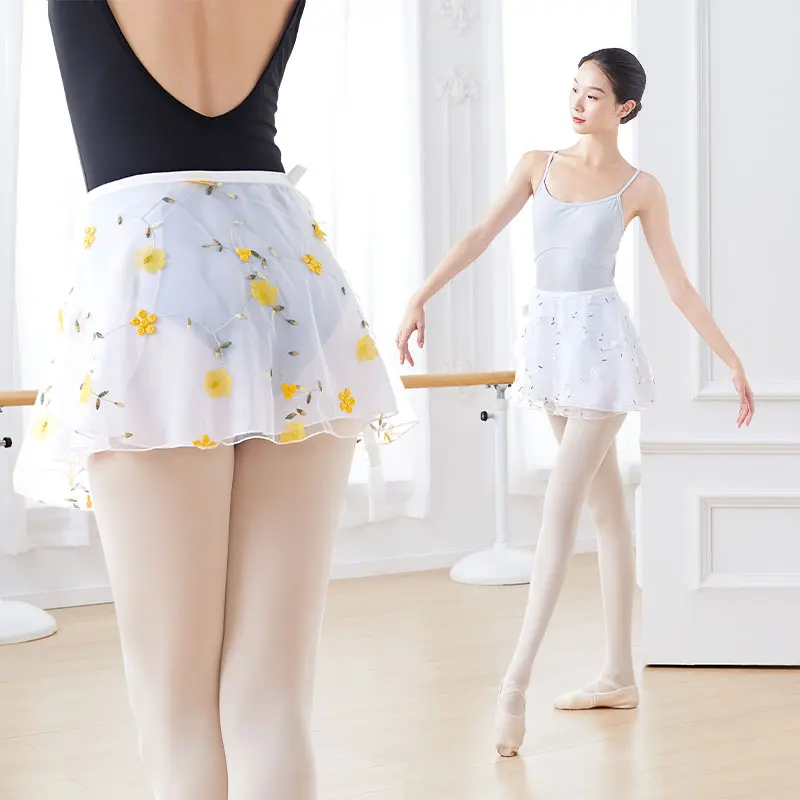 

Ballet Skirt Woman Embroidery Floral Tie Up Chiffon Half Dance Skirt For Woman Skirt For Dancing