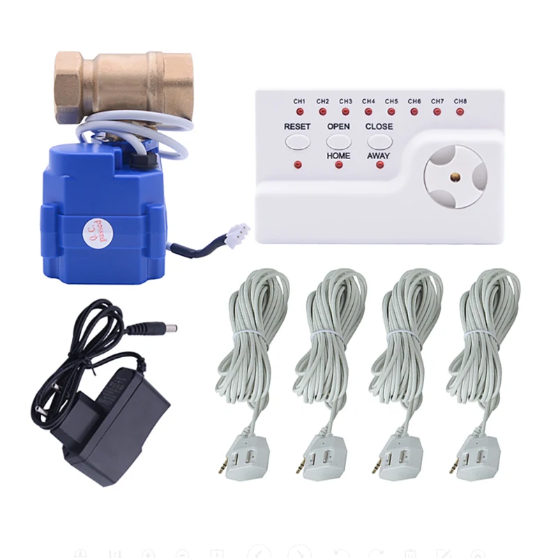 

water leak alarm sensor DN15 DN20 DN25 motorized water valve and 4pcs 6m wired water sensor prevent smart home water leakage