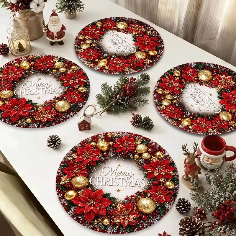 VIKAMA Red Plaid Snowflake Wreath Round Placemat, 1 Design, Table Mat for Kitchen Dining Party