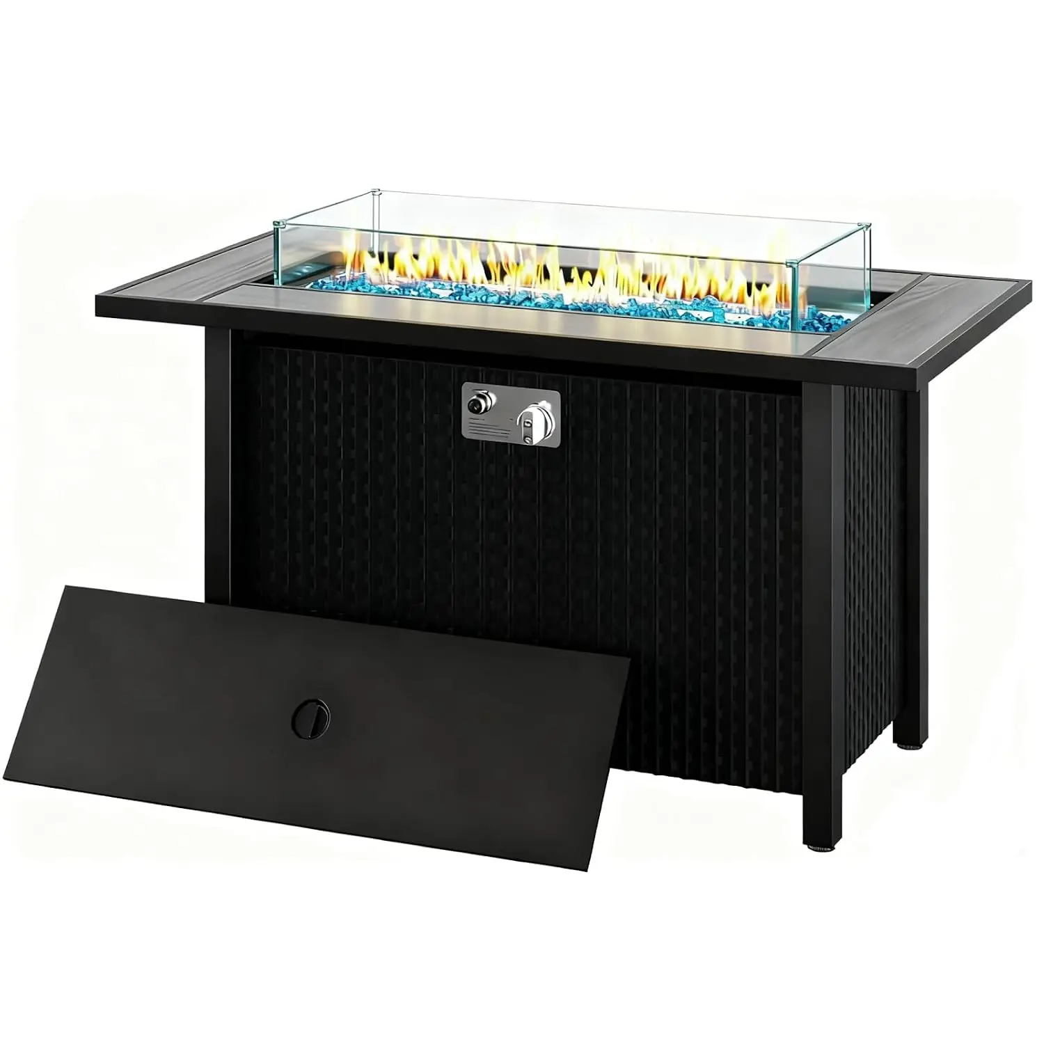 45 Inch Propane Fire Pit Table, 50000 BTU Gas Firepit Patio Dining, Glass Wind Guard Blue Rocks Cover, Customized