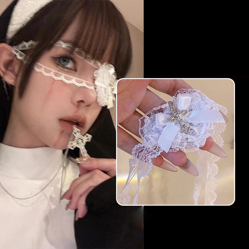 Gothic Streetwear Y2k Girl Women Lolita Cosplay Harajuku Punk Steampunk Lace Spike Cross Hairbands Hairband Cross Eye Mask