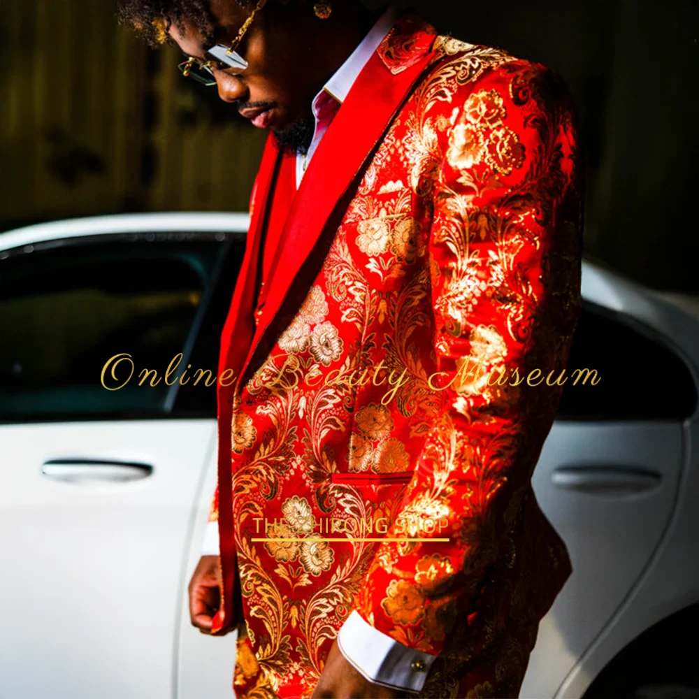 

Luxury Red Gold Suit of Gentleman 3pcs Peak Lapel Jacket Vest Pants Premium Tailored Tuxedo for Wedding Groom Prom Dating Party