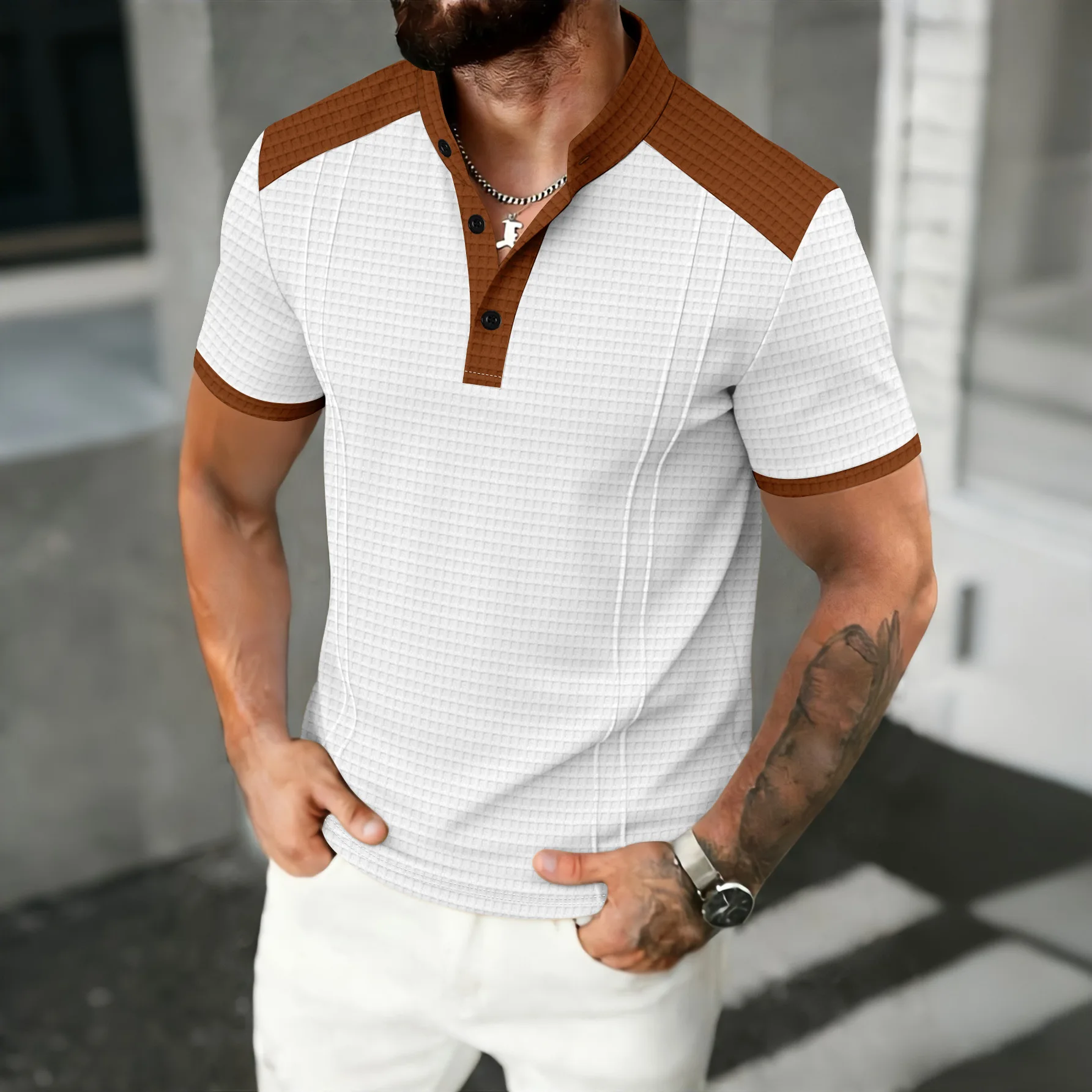 New men's waffle color-block Henry collar short-sleeved T-shirt- Stand-up collar, half-open front