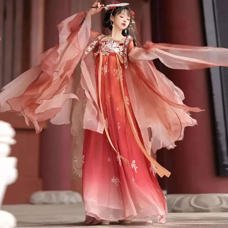 Spring Peach Weaving Scene]Hanfu Women Heavy Embroidery Tang Style Hezi Skirt Distressed Large Sleeve Shirt