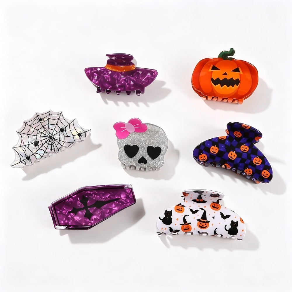 2Pcs Funny Halloween Hair Claw, Pumpkin Skeleton Spider Shark Clip for Women, Party Hair Accessories Decorations