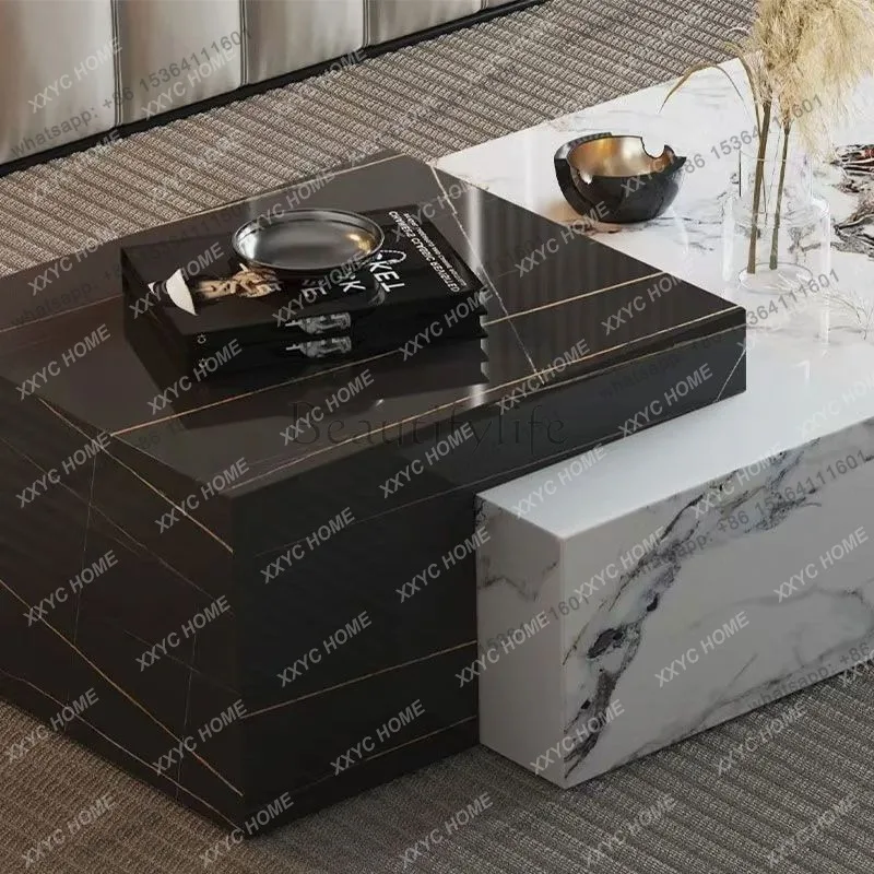 SLFull body glossy rock slab embedded combination design coffee table double drawers