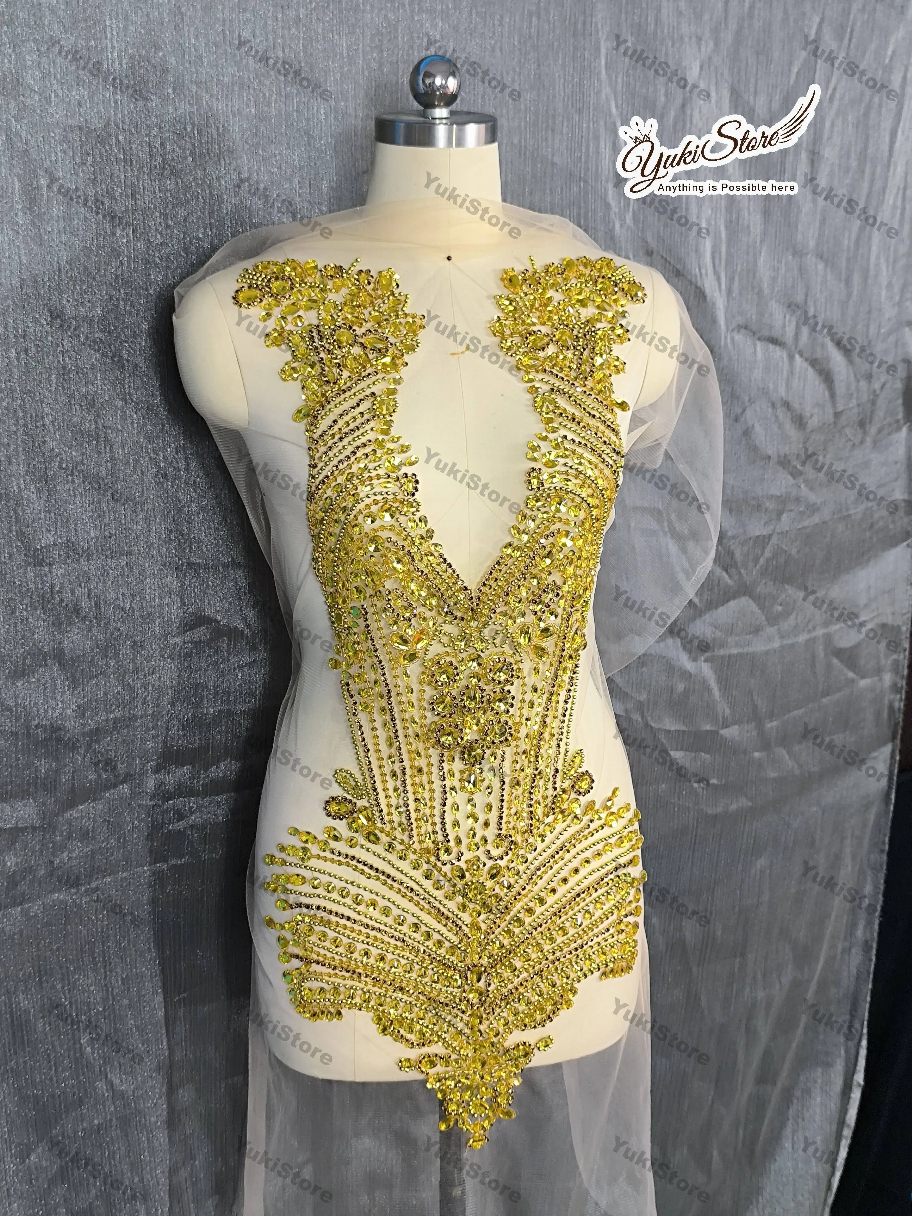 Large Gold Rhinestone Bodice Applique Vintage Style Crystal Patch Haute Couture Supplies  JY037 2024