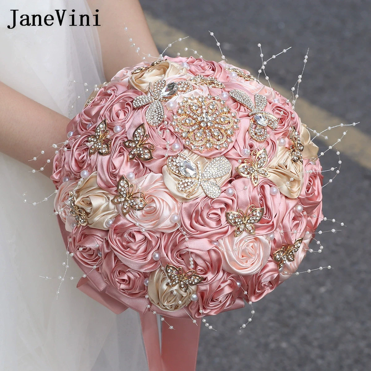 

JaneVini High-end Luxury Blush Pink Bridal Wedding Bouquet Rhinestone Butterfly Pearl Beaded Rose Bride Hand Holding Flowers