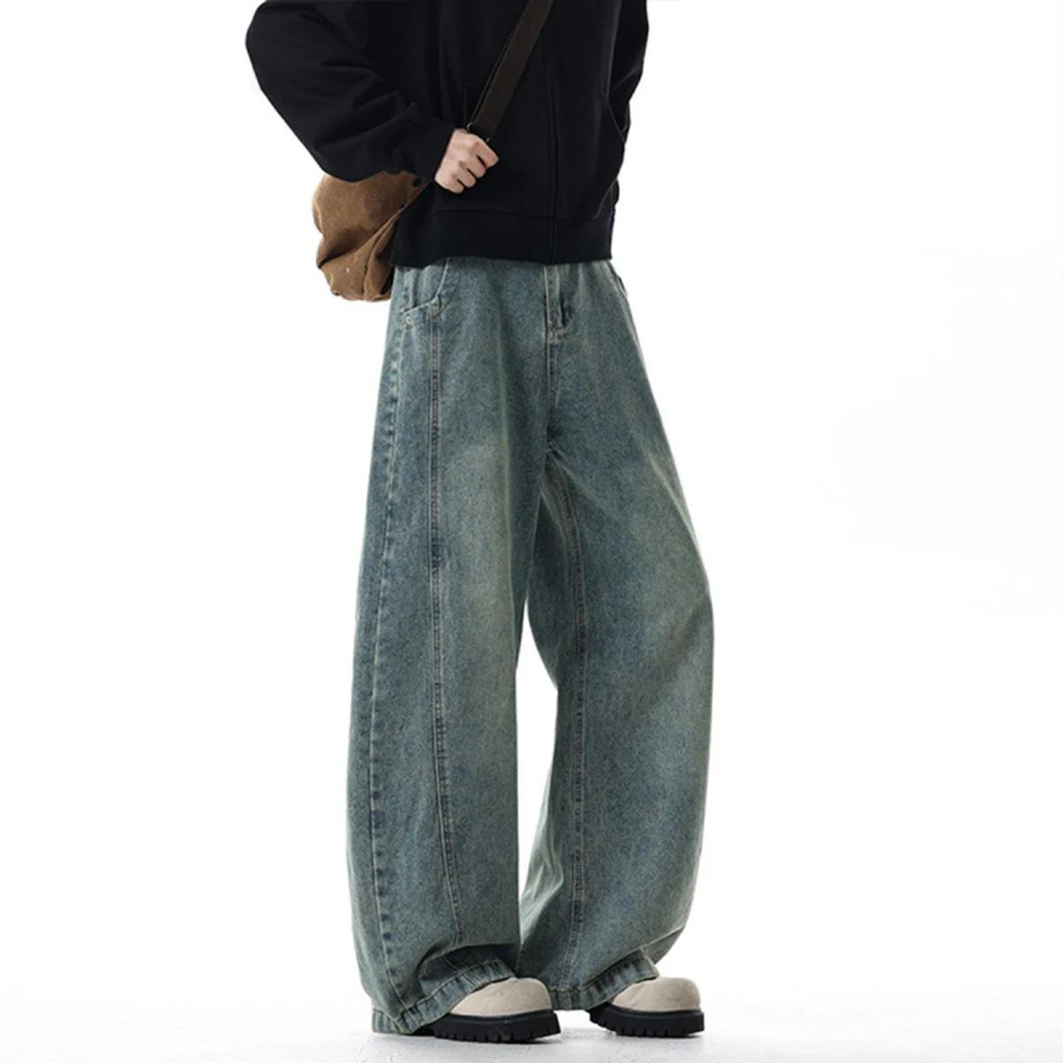 Vintage washed and distressed jeans for men, patchwork machete wide-leg pants, high street casual pants