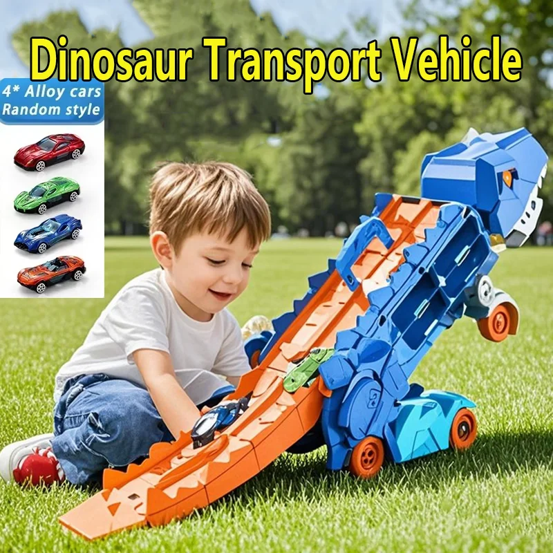 Dinosaur Transporter Truck Toys Foldable Track Alloy Transforming Dinosaur Transport with Alloy Car Toy Gift for Kids Toddle Boy