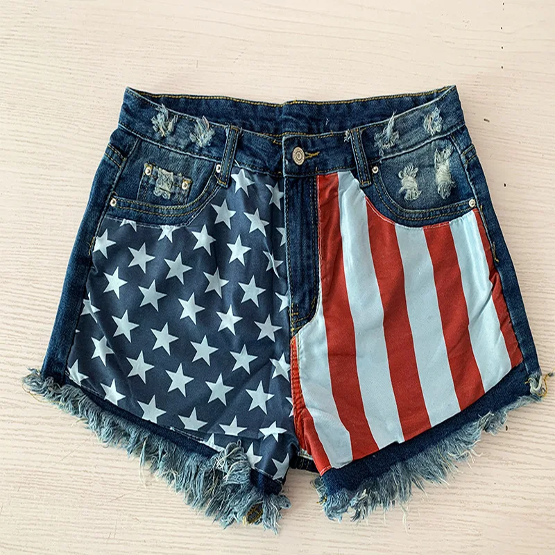 Women’s denim shorts with American flag stars-and-stripes print,distressed finish,Jean Shorts