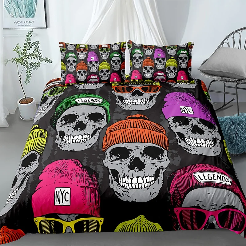 Skull Duvet Cover Set Colourful Hats Horror Gothic Theme Bone Skeleton Pattern Polyester Comforter Cover King Size for Boy Teen