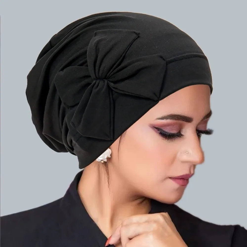 

Fashion Solid color Women Inner Hijab Hat Soft Breathable Bowknot Turban Elastic Indian Bonnet Headscarf
