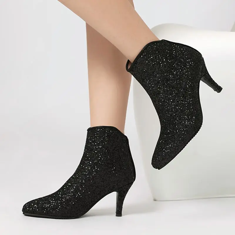 ASILETO Nieuwe Sexy Vrouwelijke Enkellaarsjes Puntschoen Dunne Hakken 7 cm Rits Bling Glitter Grote Maat 46 47 48 bruiloft Booties