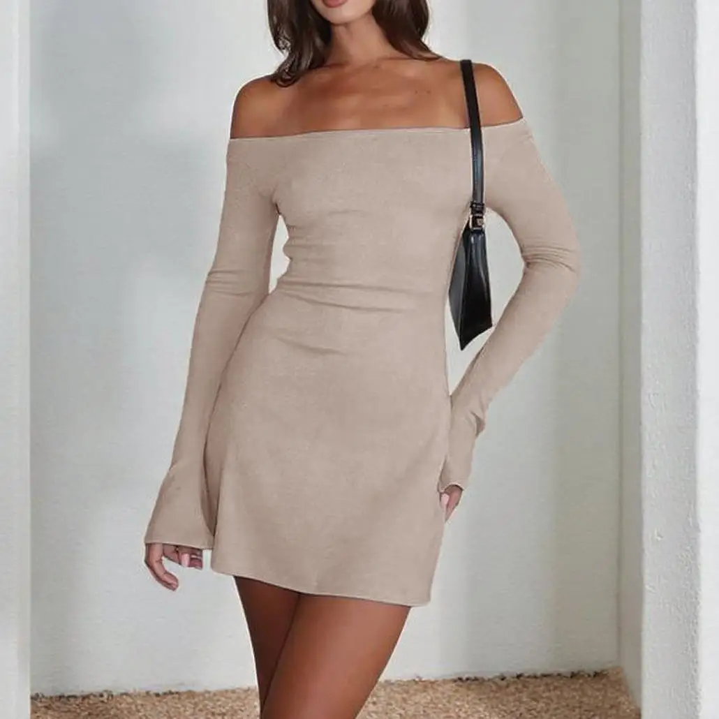 Abito da donna a maniche lunghe con collo slash slim fit e nuovo temperamento autunnale